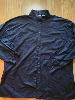 100% Linen Button Up Tunic Sz XL Black Long Sleeve Mandarin Collar Lagenlook LSL